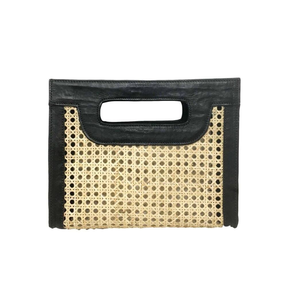 Poppy & Sage Women's Clutch Bag Black Kate Cane Leather Beige/Brown